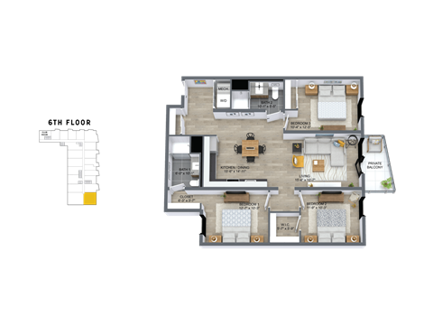 Floor plan for 3 beds, 2 baths, 1265 sqft